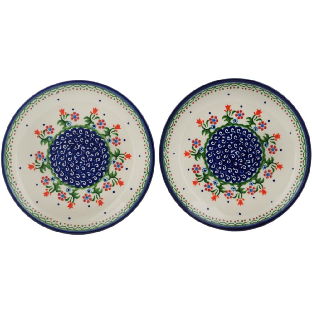 Authentic Handmade Polish Pottery Set of 2 Dessert Plates - Spring Flowers Design, Bolesławiec Ceramic by Ceramika Bona with Certificate of Authenticity | Perfect for Tea Parties, Wedding Gifts & Home Decor