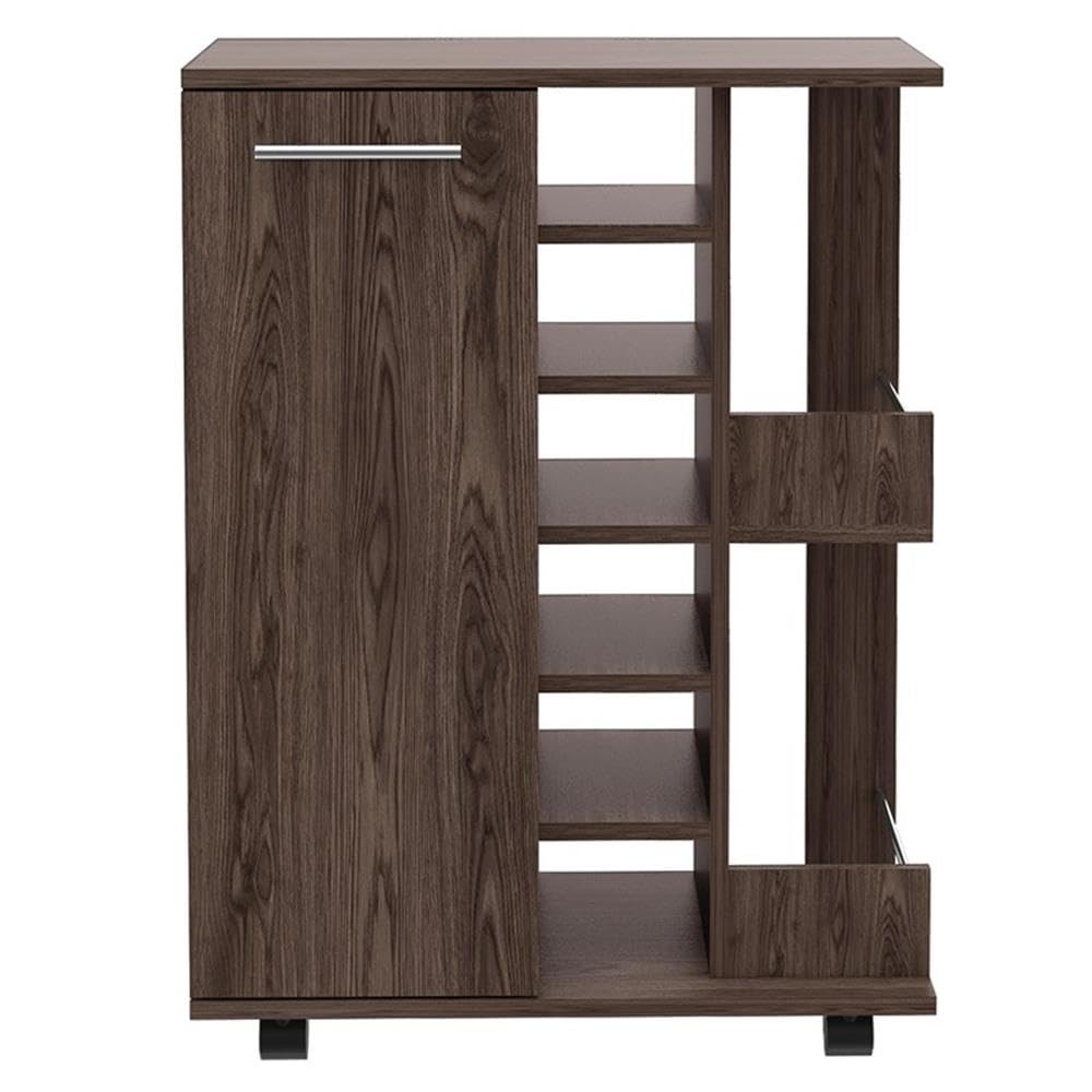 BOWERY HILL Contemporary Bar Cart Cabinet in Weathered Oak - Modern Rolling Drink Cart for Home Bar, Living Room & Outdoor Entertaining