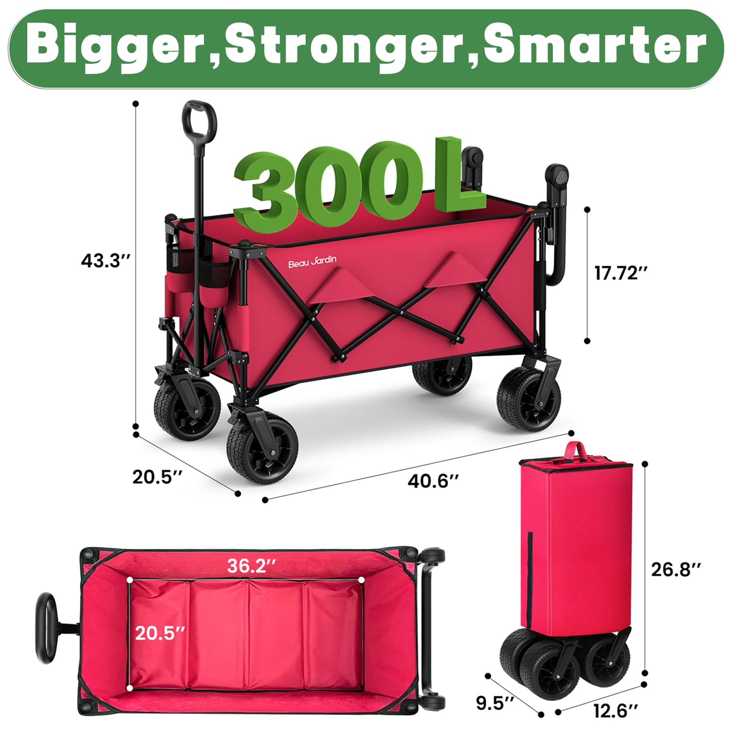 Beau Jardin 500 lbs Folding Beach Wagon Cart with All-Terrain Wheels & Push Handle - Heavy Duty Collapsible Utility Wagon for Grocery Shopping, Camping, Sports, Gardening & Outdoor Activities (Red)
