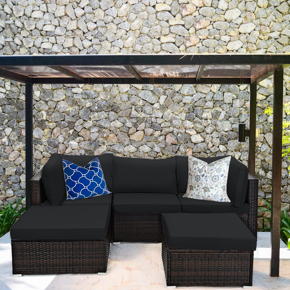 HAPPYGRILL 5-Piece Patio Furniture Set - Outdoor/Indoor Rattan Sectional Sofa with Anti-Slip Foot Pads, PE Wicker Conversation Set Includes 2 Ottomans & Cushions - Perfect for Backyard, Porch, Garden, Poolside Relaxation & Entertaining