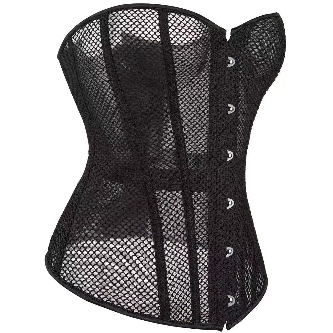 SHYMMUO Women's Black Corset Top - Mesh Boned Body Shaper, Sexy Lace Up Overbust Waist Trainer for Shapewear, Burlesque, Cosplay & Evening Wear