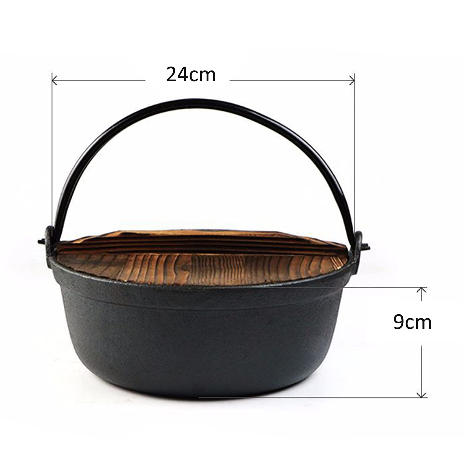 AIZYR Japanese Style Sukiyaki Cast Iron Nabe Pot with Wooden Lid - Traditional Tetsu Pot for Outdoor Camping, Hanging Stove Pan - Perfect for Hot Pot, Sukiyaki & Shabu-Shabu at Home or Picnics