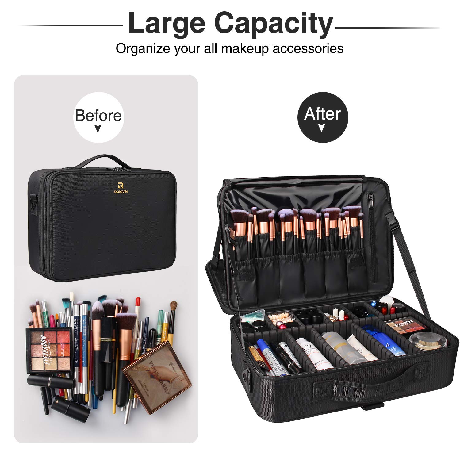 Relavel Large Professional Makeup Train Case - 16.5 Inch Waterproof Cosmetic Organizer with Adjustable Strap, 3-Layer Brush Holder & Storage Box for Travel, Makeup Artists & Beauty Enthusiasts | Perfect for Salon, Home Use & On-The-Go Touchups