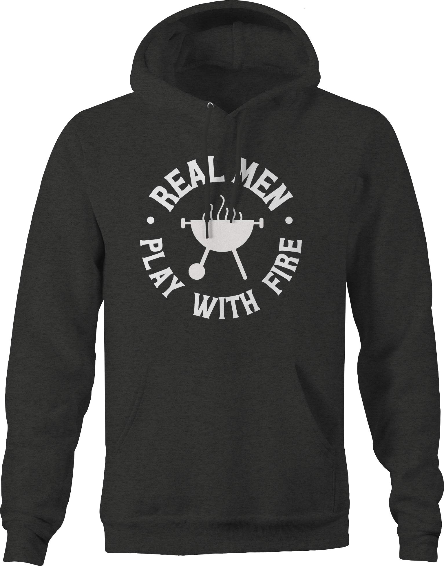 Funny Grilling Flame Hoodie for Men - Dark Grey BBQ Apron with Slogan 'Real Men Play with Fire' - Perfect for Backyard BBQs, Camping & Outdoor Cooking Parties