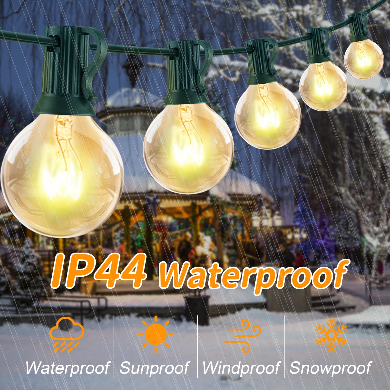 25Ft G40 Outdoor String Lights - 27 G40 Clear Incandescent Bulbs (2 Spare) | Waterproof Connectable Patio Lights for Garden, Backyard, Porch & Camping | Perfect for Christmas Decor, Parties & Outdoor Dining