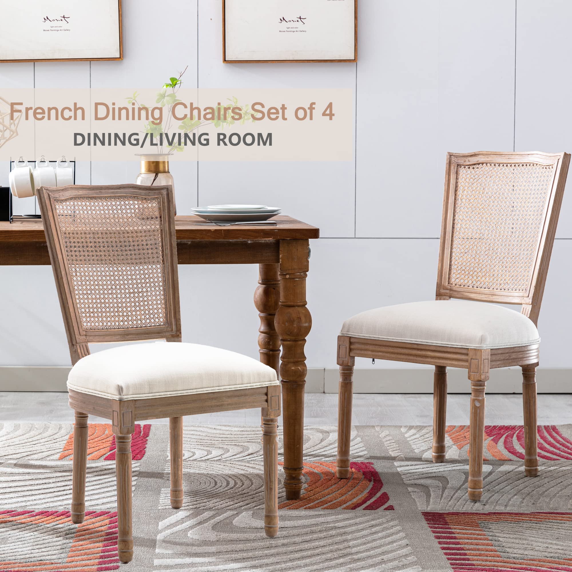 Nrizc Farmhouse Dining Chairs Set of 4 - French Country Style Rattan Back Chairs with Solid Wood Legs - Bistro Kitchen & Restaurant Furniture for Dining Room, Living Room, Patio and Cafe Decor
