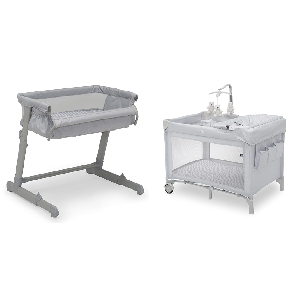 Delta Children Gap babyGap Whisper Bedside Bassinet Sleeper with Breathable Mesh & Adjustable Height - Gap babyGap Deluxe Play Yard in Grey Stripes - Perfect for Newborns, Nursery & Travel Use