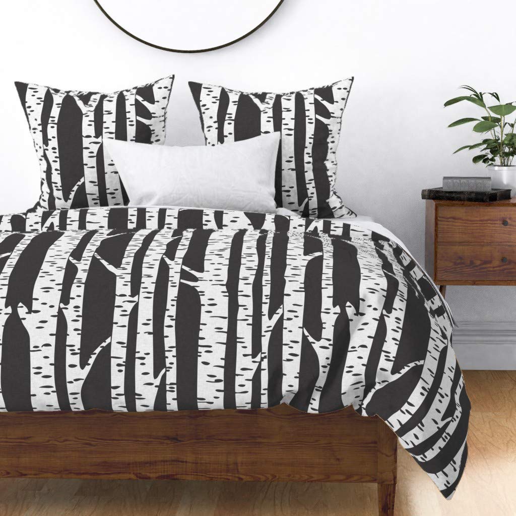 Premium Spoonflower Cotton Sateen Duvet Cover - King/California King Size - Birch Tree Black & White Forest Woodland Print - Gender Neutral Nursery & Adult Bedroom Decor - Weathered Charcoal Look Custom Bedding - Perfect for Cozy Bedrooms, Guest Rooms & Gender-Neutral Baby Nurseries