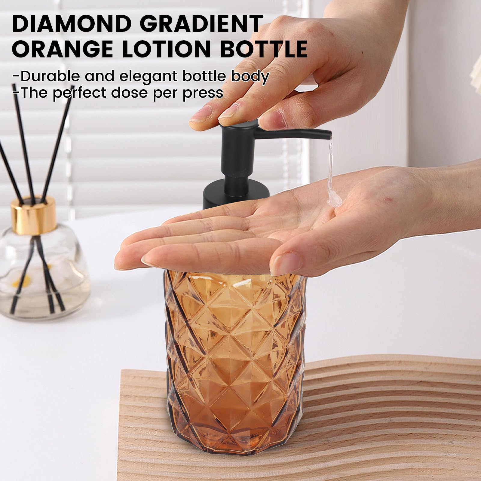 Premium Diamond-Cut Amber Glass Soap Dispenser with Pump - 12oz Refillable Hand & Dish Soap Dispenser for Bathroom, Kitchen Sink, Vanity - Elegant Home Decor & Gift Idea