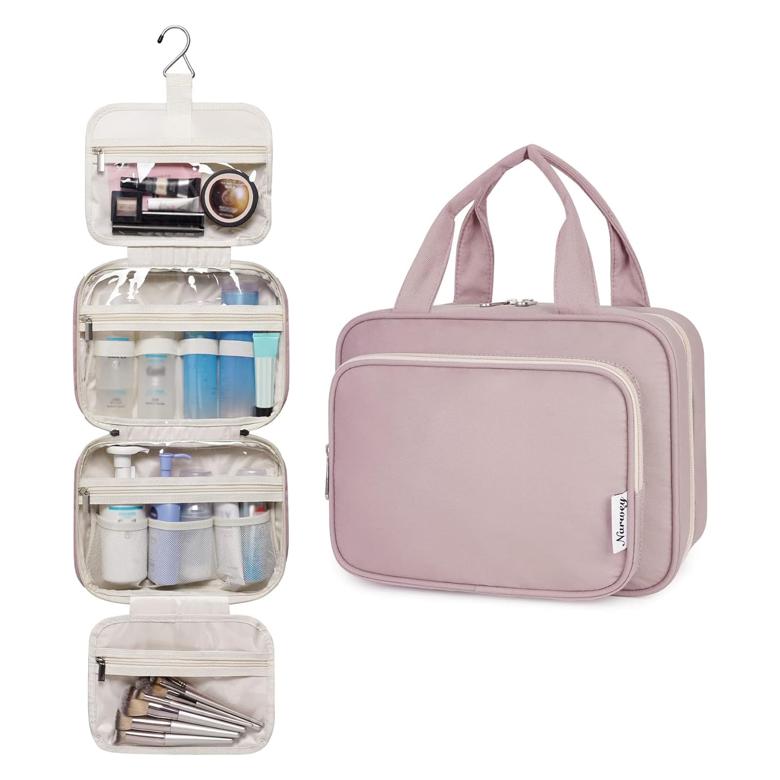 Narwey Hanging Toiletry Bag for Women - Travel Makeup Organizer with Multiple Pockets, Waterproof Cosmetic Bag for Toiletries & Travel Essentials (Dusty Rose, Medium) - Perfect for Vacation, Gym, Camping & Business Trips