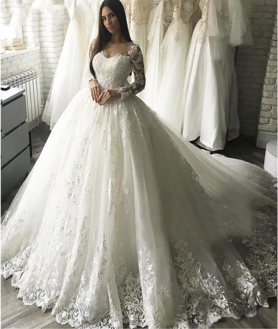 XYAYE Elegant Long Sleeve Lace Wedding Dress for Bride - Modest Bridal Gown with Train, Applique Detailing - Perfect for Church, Beach, and Formal Weddings