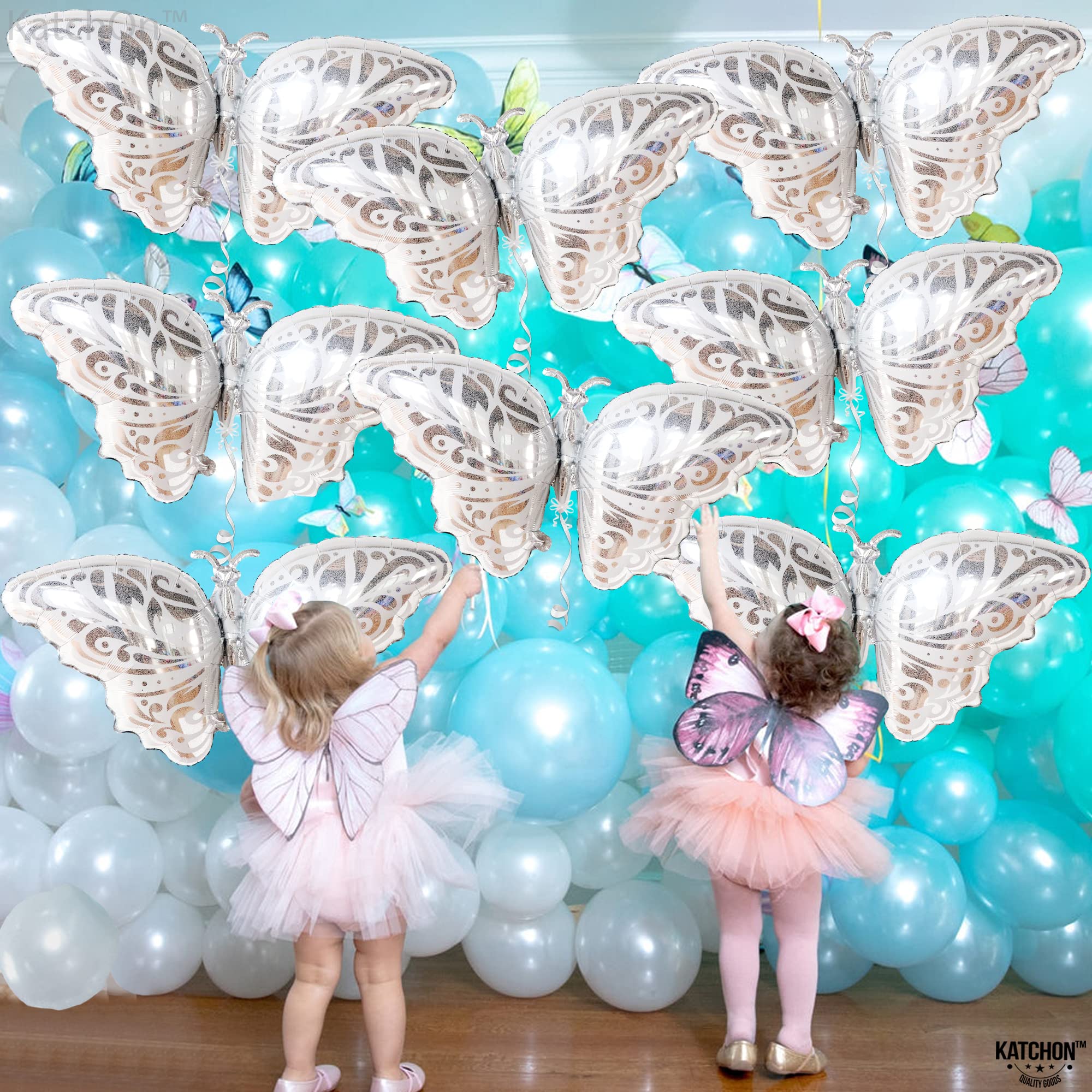 KatchOn 38 Inch Big Silver Butterfly Balloons - Pack of 12 | Foil Butterfly Party Decorations for Birthday, Baby Shower & Girls Events | Elegant Wedding, Bridal Shower & Gender Reveal Party Decor