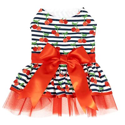 Cherry Stripe Harness Dress with Matching Leash - Stylish Pet Fashion for Dogs, Perfect for Walks, Photos & Special Occasions