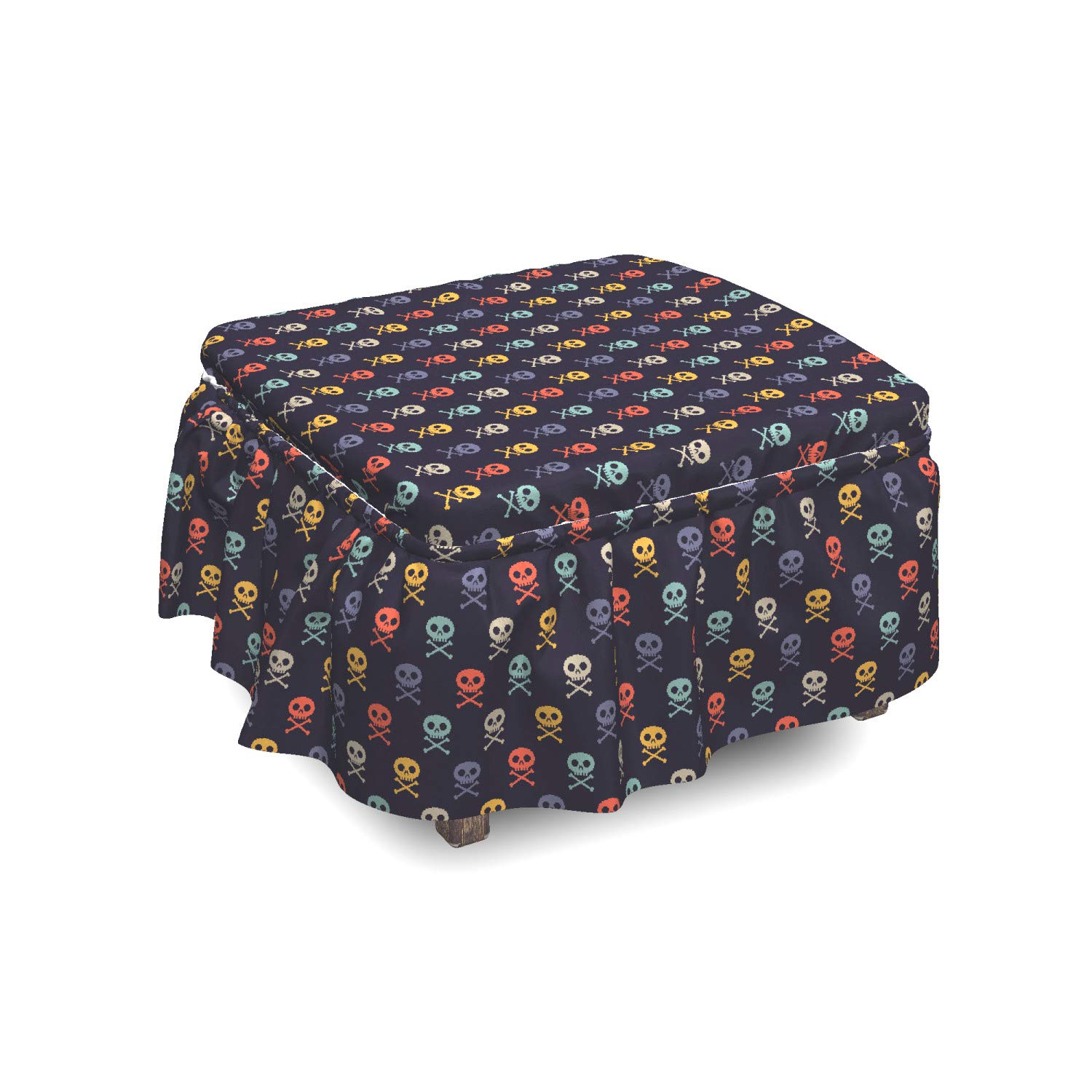 Ambesonne Pixel Art Ottoman Cover - Skulls with Bones Design, 2-Piece Slipcover Set with Ruffle Skirt for Square/Round Footstools - Standard Size Multicolor Home Decor - Perfect for Gothic, Halloween, and Bohemian Living Room Decorations