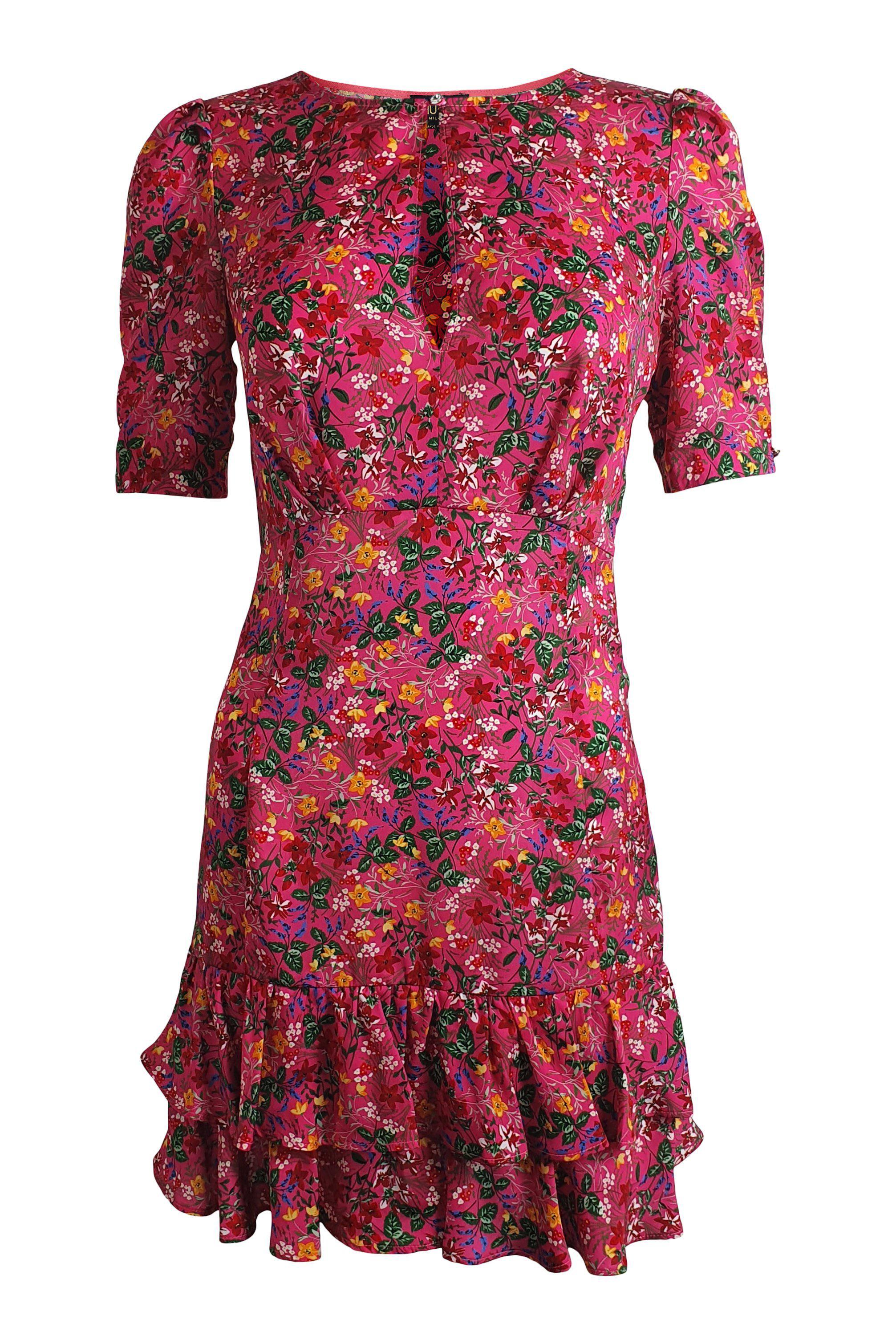 LIU JO Women's Pink Floral Print 3/4 Sleeve Flounce Mini Dress - Size IT 38 | UK 06 | XXS - Perfect for Spring Weddings, Garden Parties & Date Nights