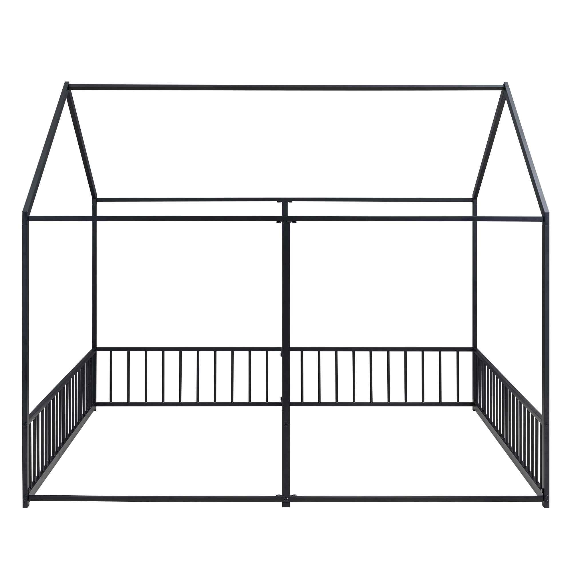 Metal Twin Size Double Platform Bed with Roof and Fence - House Shaped Shared Bed Frame for Kids, Teens, Boys & Girls - Sturdy Bedroom Furniture (80.3