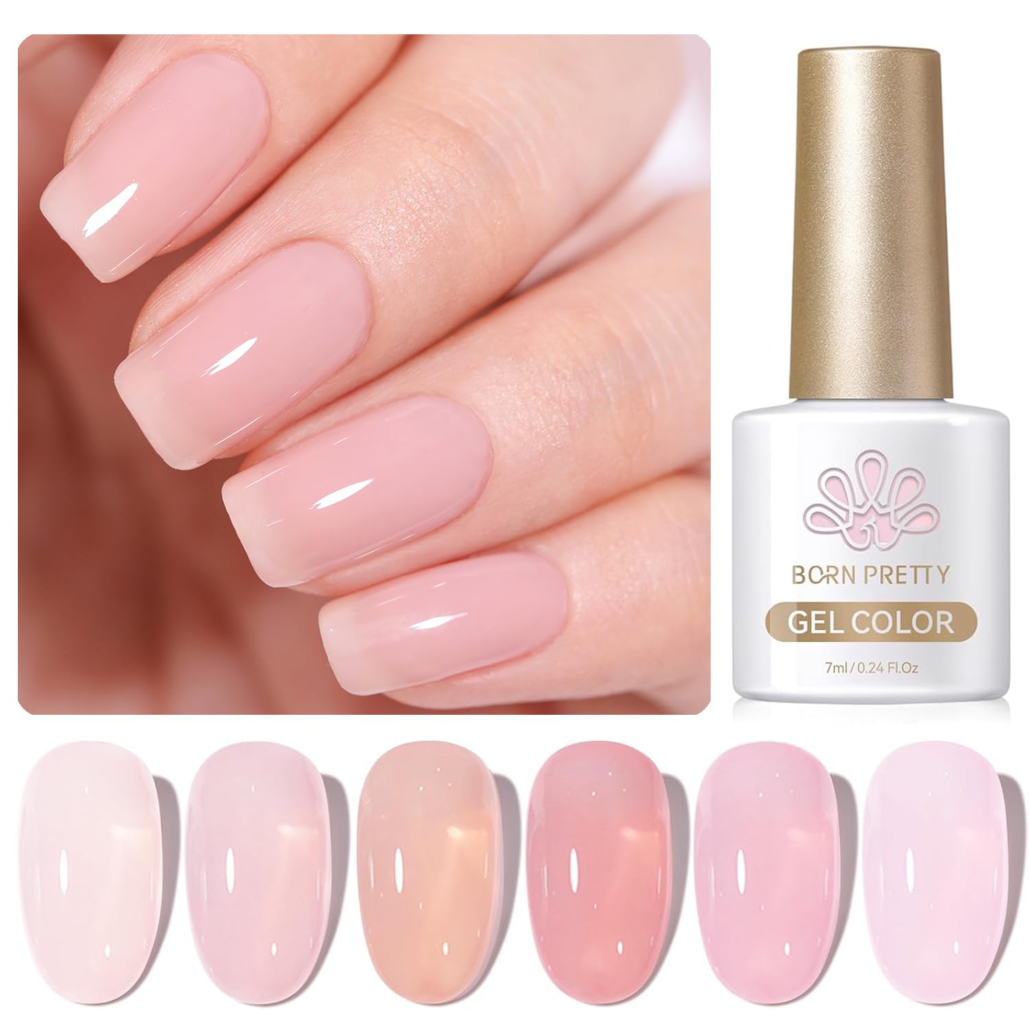 Born Pretty Jelly Pink Gel Nail Polish Set - 6PCS Milky Natural Nude Sheer Translucent Gel Polish Kit for DIY Nail Art & Home Manicure | Perfect for Everyday Wear, Bridal Nails & Salon-Quality Results at Home