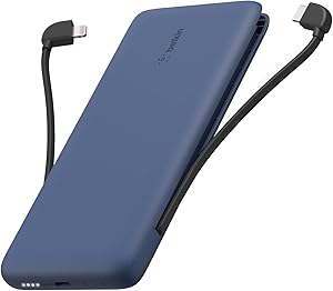 Belkin BOOSTCHARGE Plus 10K Portable Charger Power Bank - 10000mAh with Built-in Lightning & USB-C Cables, USB-C Port - Fast Charging for iPhone, Android - Perfect for Travel, Camping, Emergency Power Backup - Blue