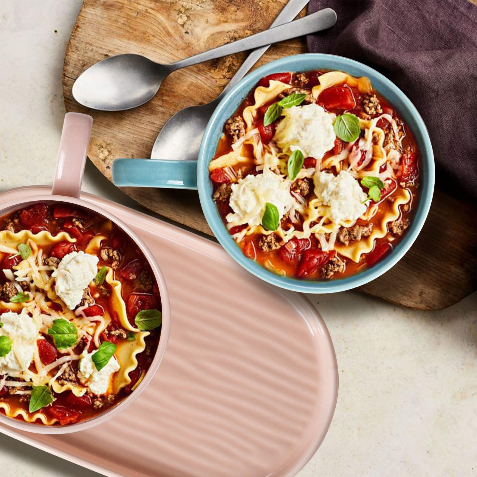 **Artena 16 oz Ceramic Soup and Sandwich Plate Set - 9.85-inch Glazed Bowls with Handles for Soup, Side Dishes & Crackers - Perfect for Breakfast, Bread Dipping & Casual Dining (Soft Pink)**