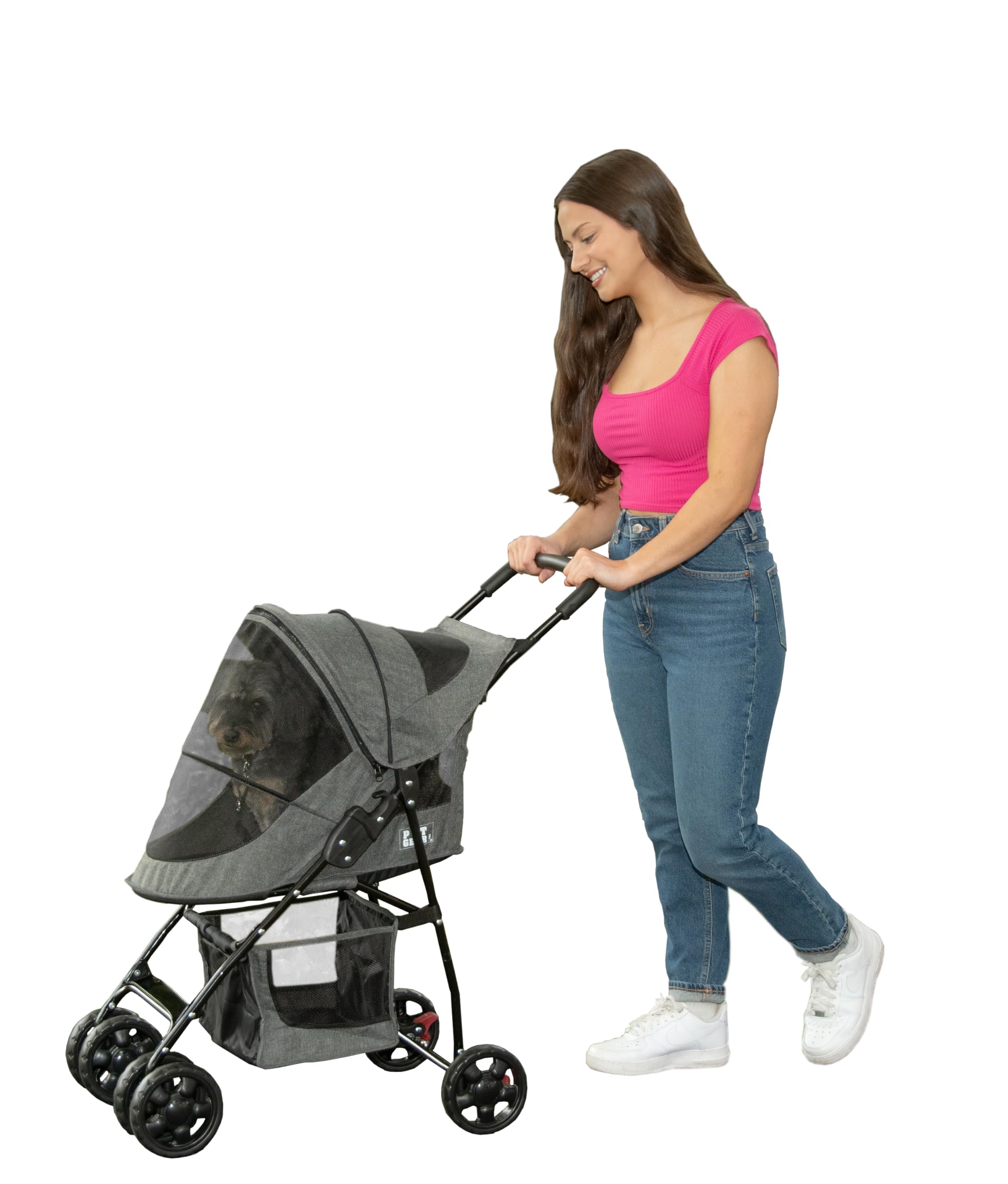 Pet Gear Happy Trails Lite Pet Stroller for Small Dogs & Cats - Foldable Travel Stroller with Zipper Entry, Safety Tether & Storage Basket - Perfect for Walks, Vet Visits & Outdoor Adventures