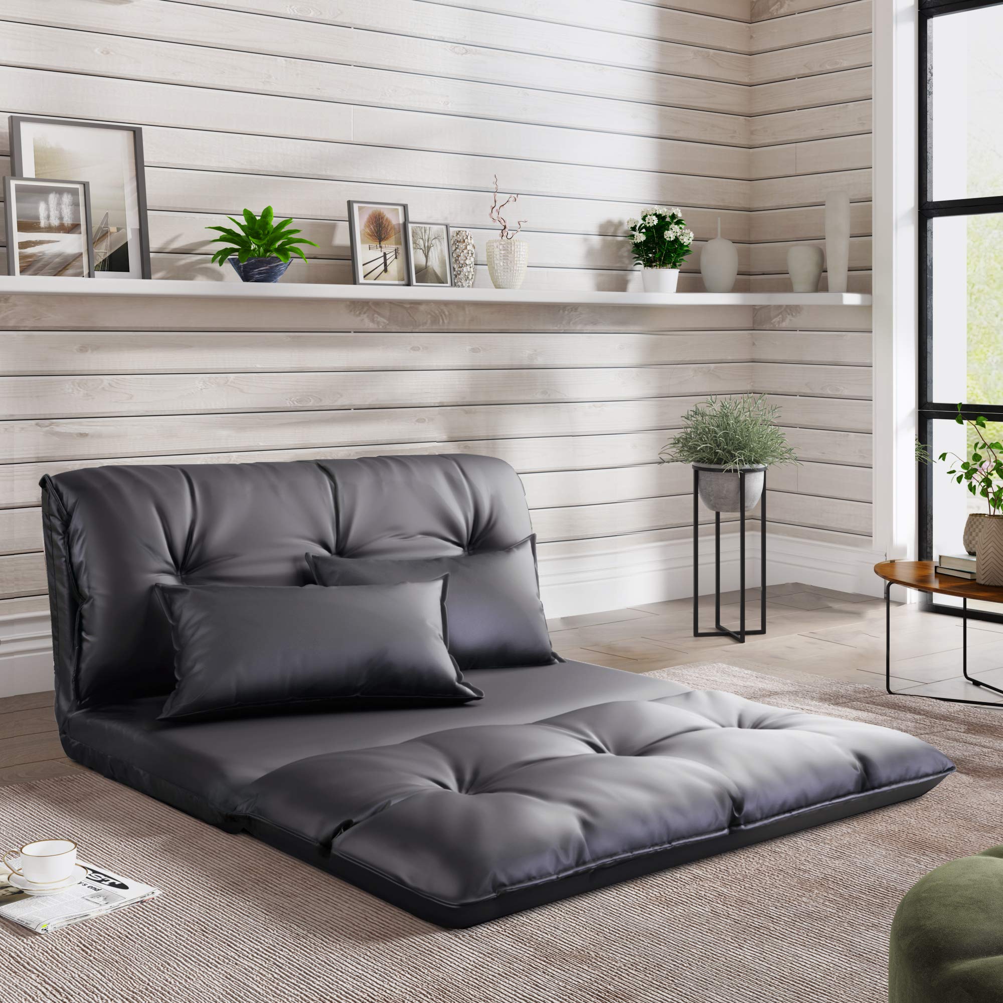 Adjustable PU Leather Floor Chair - Convertible Sofa Bed & Lounge Seating with Pillows - Comfortable Floor Cushion for Adults - Perfect for Gaming, Reading, Yoga & Small Space Living