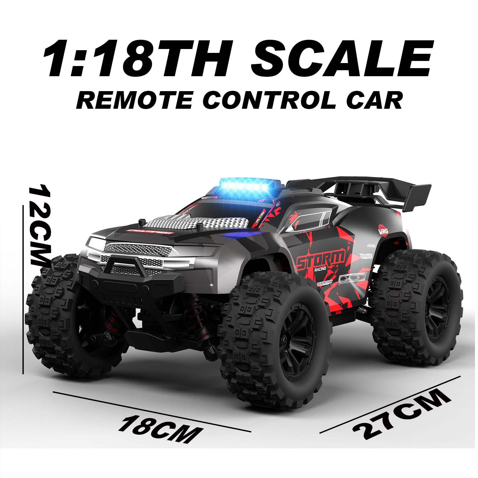 1:18 Scale All Terrain RC Cars - 40km/h High Speed Remote Control Vehicle, 2.4Ghz 4WD Off Road Monster Truck with 2 Rechargeable Batteries | Electric RC Car Toys for Kids & Adults | Perfect for Outdoor Racing, Backyard Play and Gift Giving