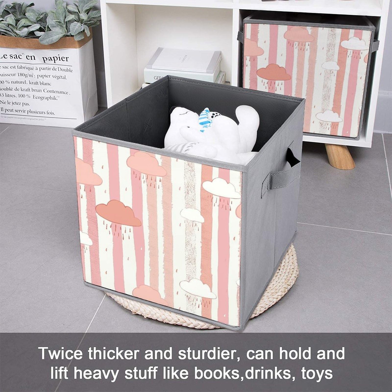 6-Piece Foldable Storage Bins with Cloud & Rain Pattern - Large Capacity Storage Boxes with Handles for Playroom, Office & Home Organization | Perfect for Kids' Toys, Books & Clutter Control