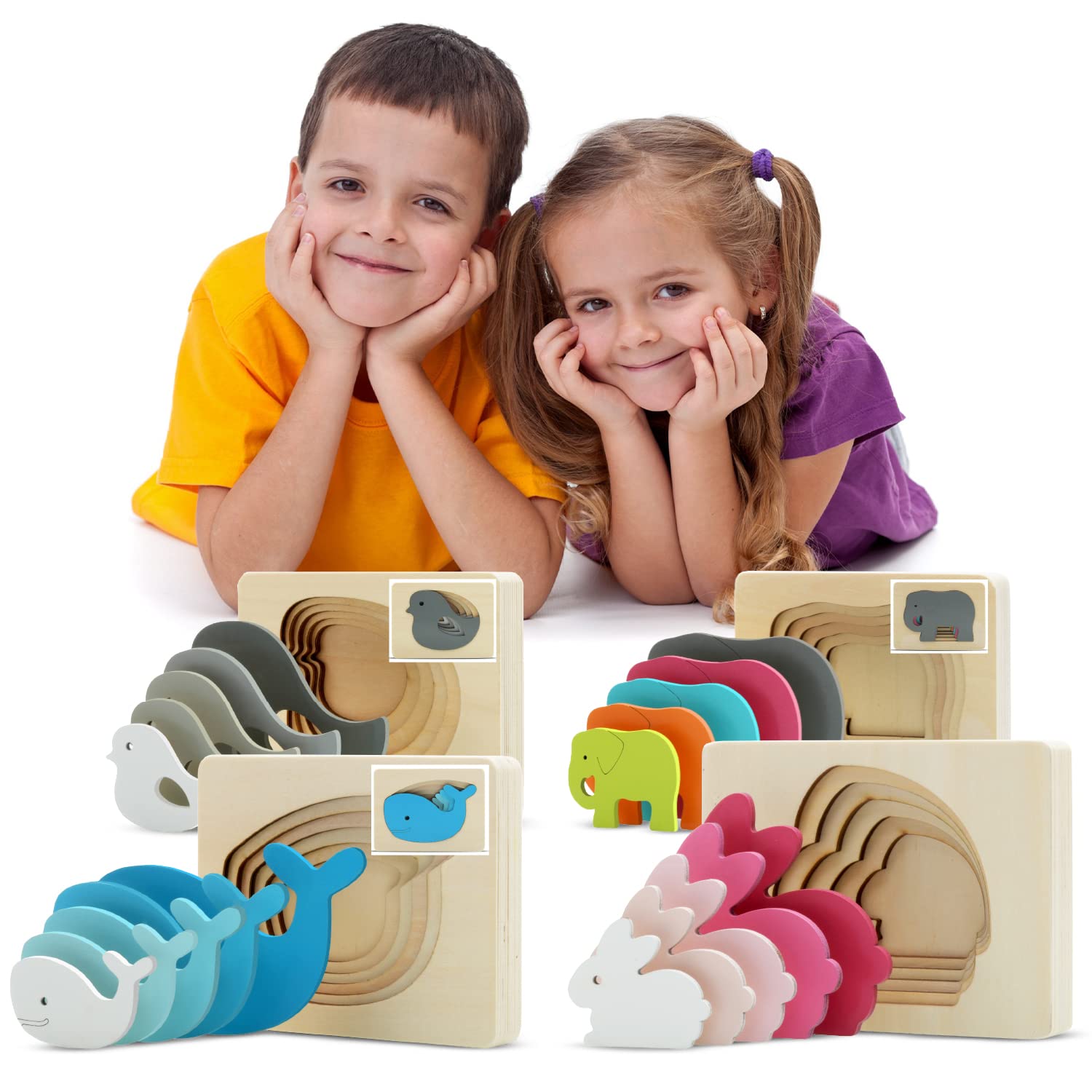 TEKOR 4-Piece Wooden Animal Puzzle Set - Multi-Layered Educational Toy for Kids Ages 3+ | Safe Non-Toxic Paint | Develops Hand-Eye Coordination & Cognitive Skills | Perfect for Preschool Learning, Birthday Gifts & Montessori Activities