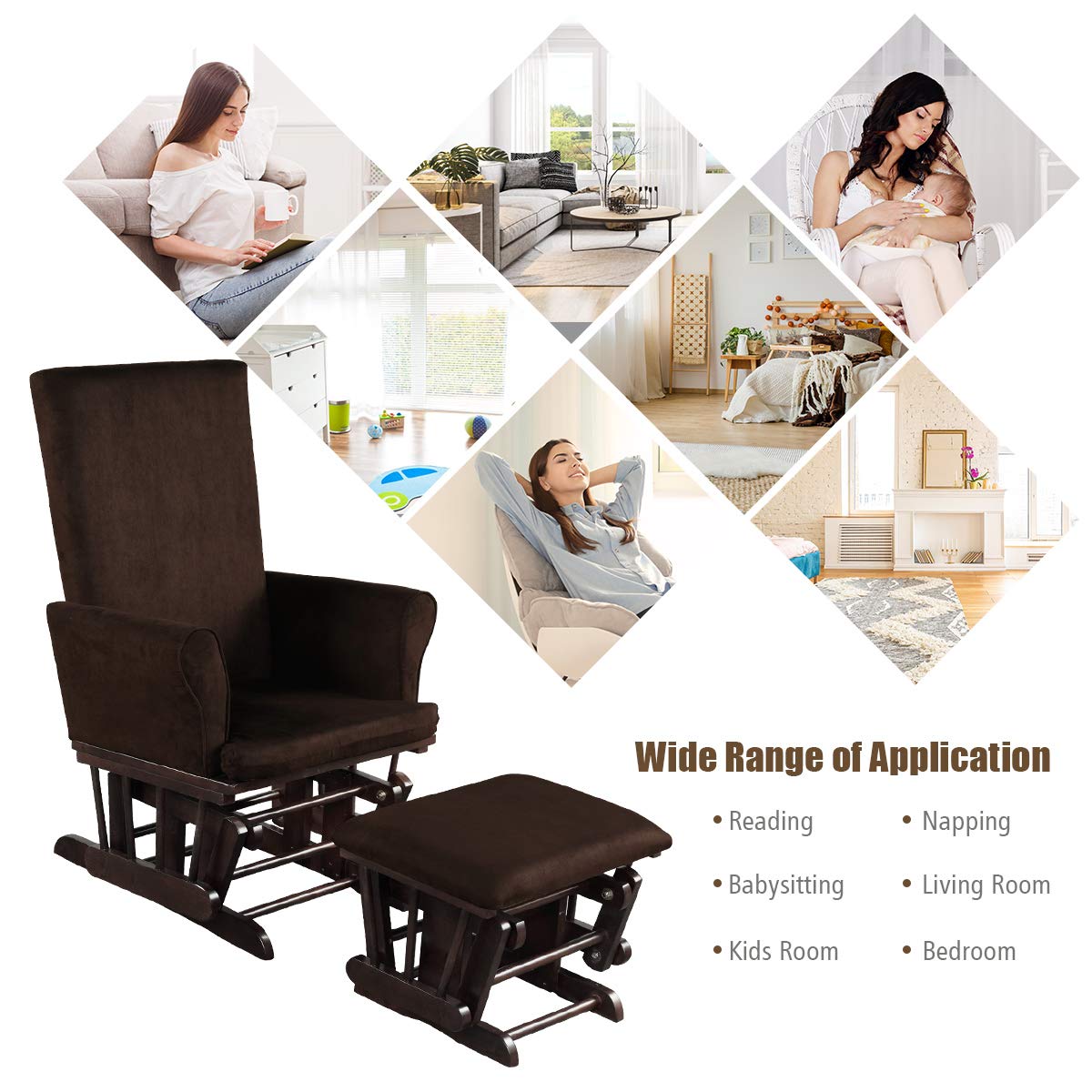 Costzon Baby Glider and Ottoman Set - Wooden Nursery Rocking Chair with Cushions for Nursing, Napping & Reading - Upholstered Hoop Glider with Padded Armrests & Matching Ottoman (Brown) - Perfect for Nursery Rooms, Bedrooms & Breastfeeding Spaces