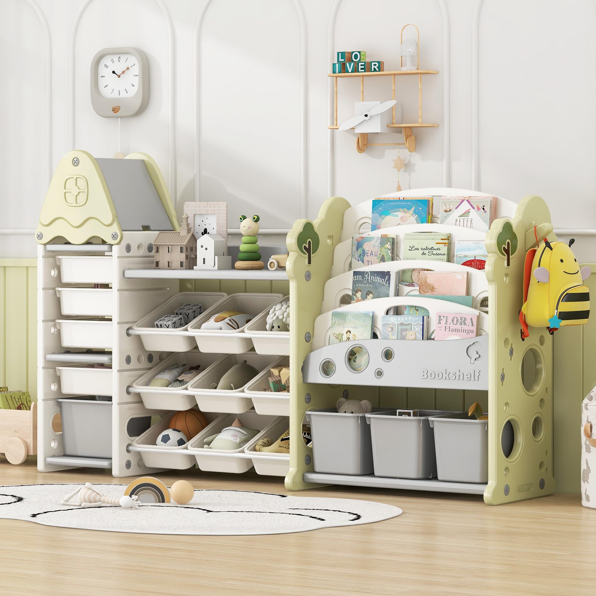 **Merax 5-Tier Kids Toy Storage Organizer with 17 Bins & Bookshelf - All-in-One Green Toy Shelf for Bedroom, Playroom, Living Room - Perfect for Organizing Toys, Books & Kids' Room Decor**