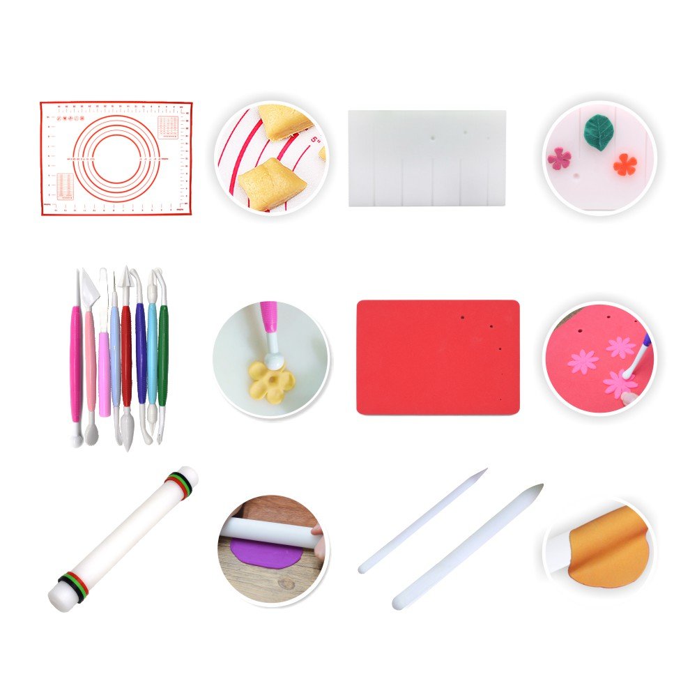 **AK ART KITCHENWARE Fondant Flower Making Tools Set - 12-Piece Plastic Fondant Cutters, Modeling Tools, Silicone Dough Mat, Measuring Pastry Brushes, Foam Pad, Veining Board & Rolling Pin for Cake Decorating, Baking & Sugar Craft**    *(Use for Wedding Cakes, Birthday Cakes, Cupcakes & DIY Sugar Flower Designs)*