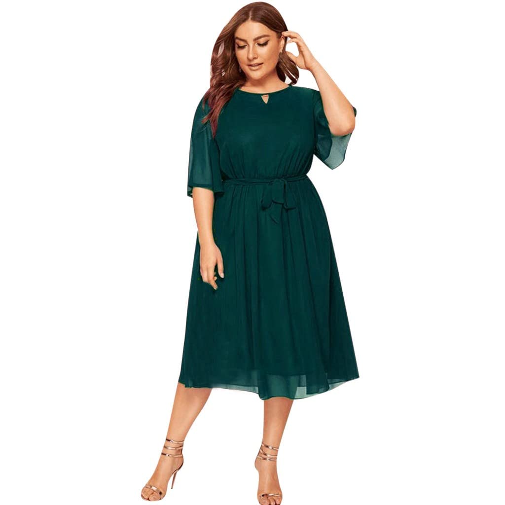 Women's Plus Size Black Half-Length Casual Swing Dress with Sleeves - Perfect for Parties, Weddings & Special Occasions | Knee-Length Flattering Fit
