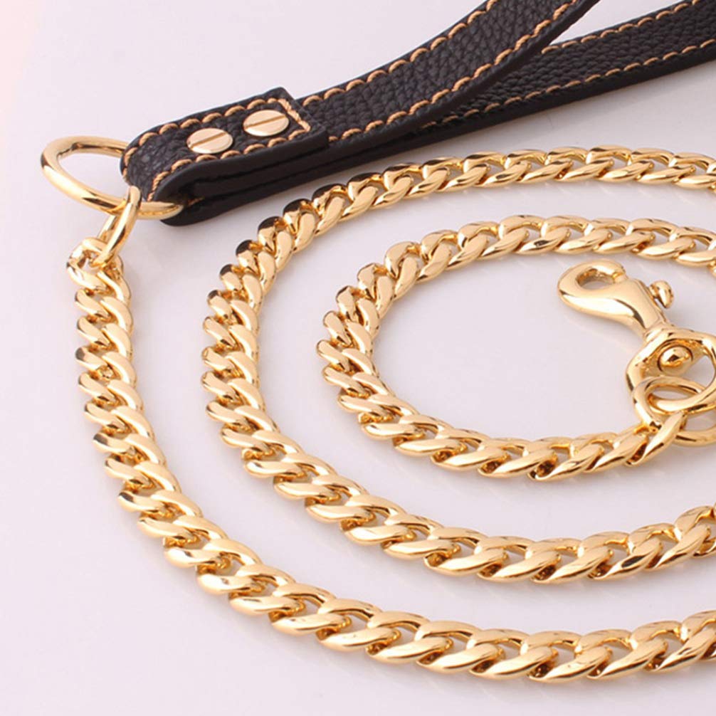 Premium Heavy Duty Dog Leash with Soft Padded Leather Handle & Gold Stainless Steel Chain - Strong Traction Rope for Small & Large Dogs - Perfect for Walking, Training & Outdoor Adventures