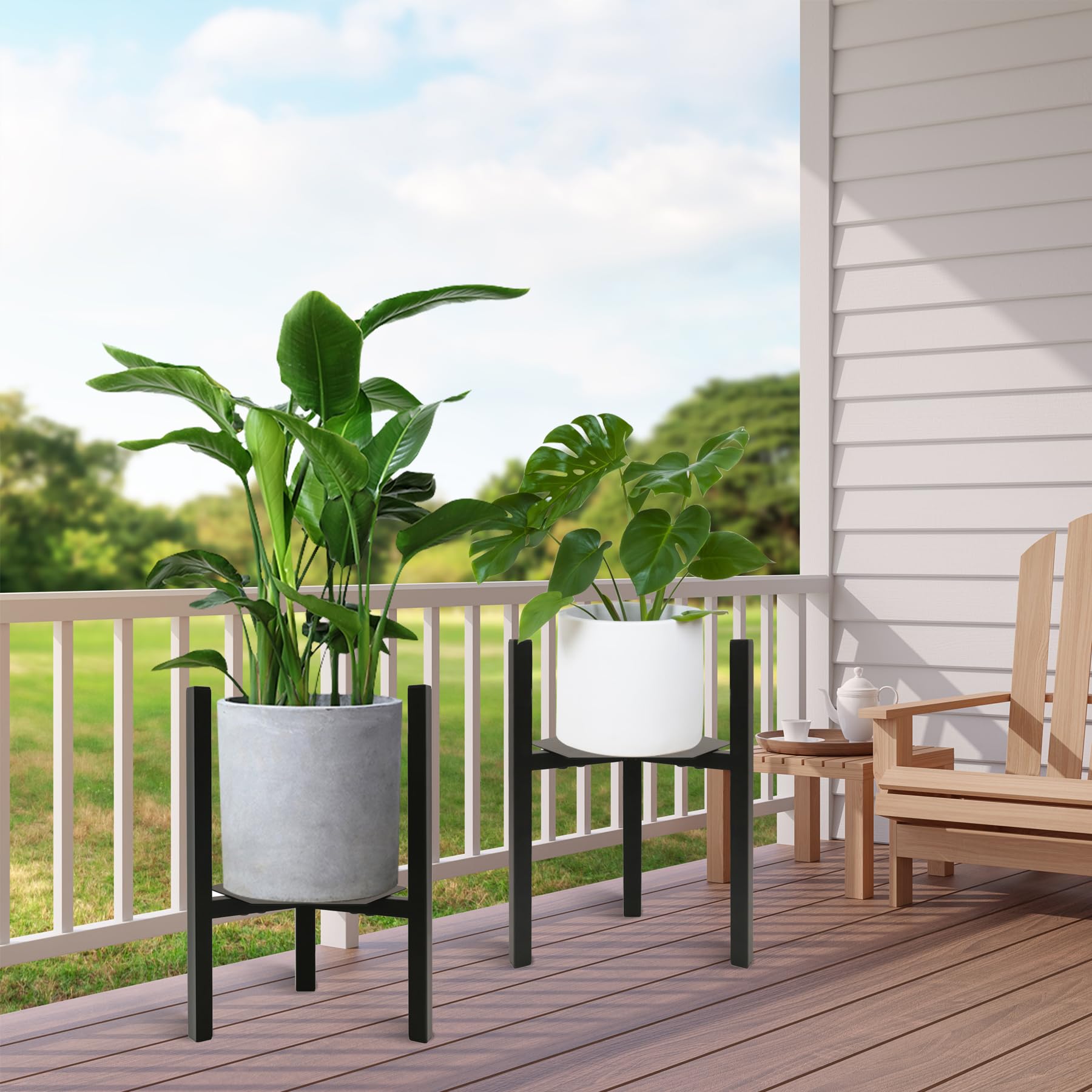 2 Pack Black Metal Adjustable Mid-Century Plant Stand with Hex Trays - Heavy Duty Indoor Plant Holder for Potted Plants (Plant Pot Not Included) - Perfect for Living Room, Bedroom, or Office Decor