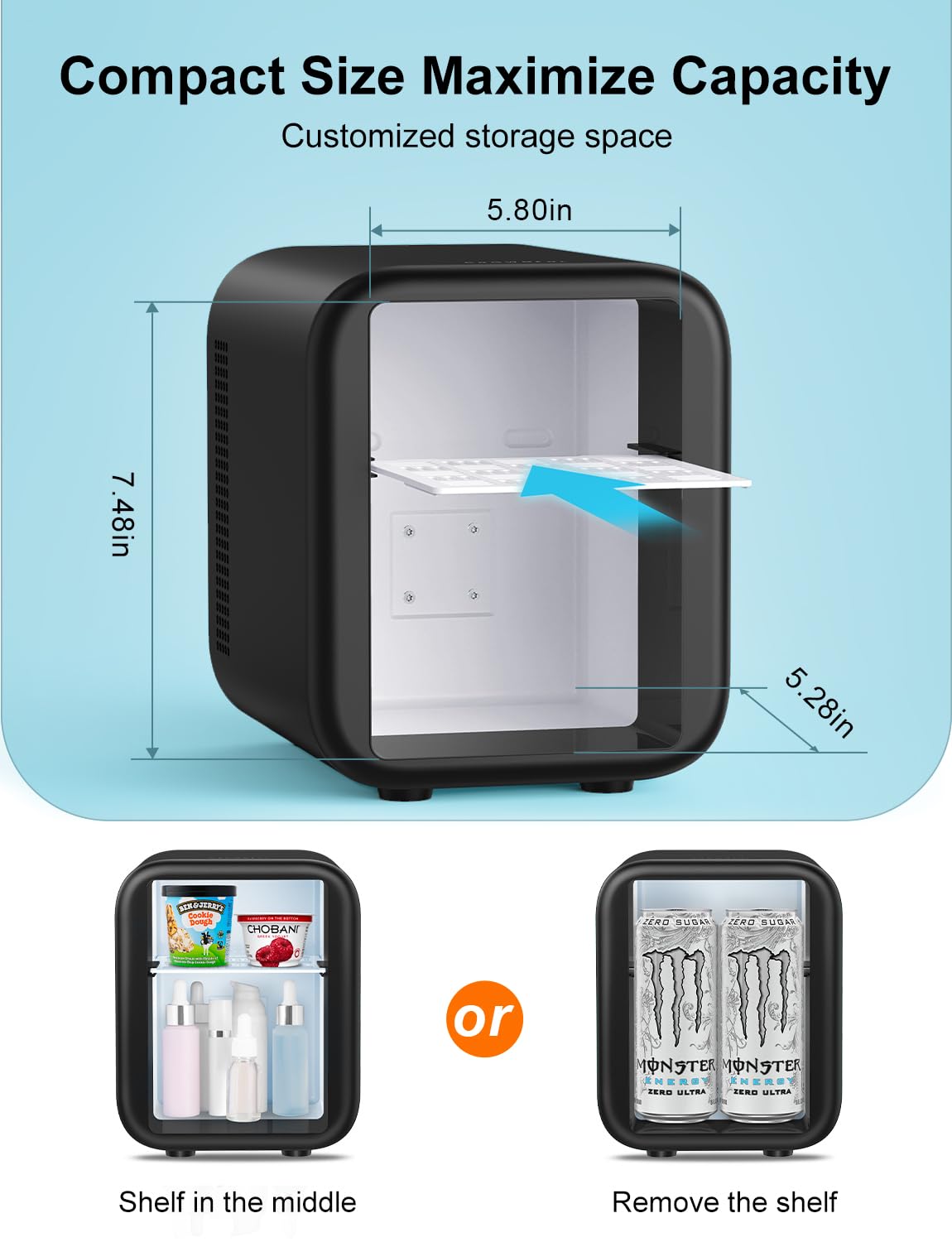 CROWNFUL 4L/6 Can Mini Fridge - Portable Skincare Cooler & Warmer with AC/12V DC Power for Bedroom, Car, Dorm & Office - Compact Personal Refrigerator for Food, Drinks & Beauty Products - ETL Certified Black