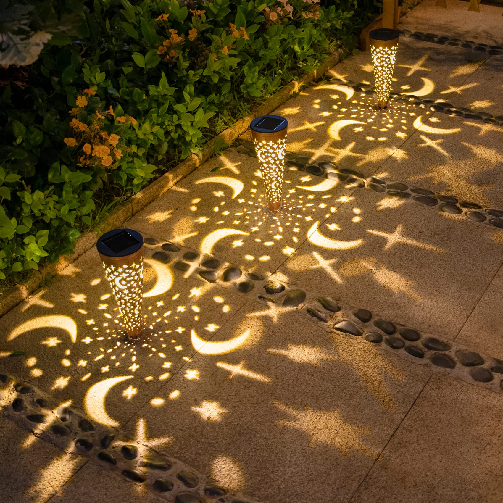 6-Pack Moon Star Solar Lights + 1 Solar Lantern Set - Waterproof Outdoor Garden Decor for Pathway, Yard, Patio & Landscape Lighting