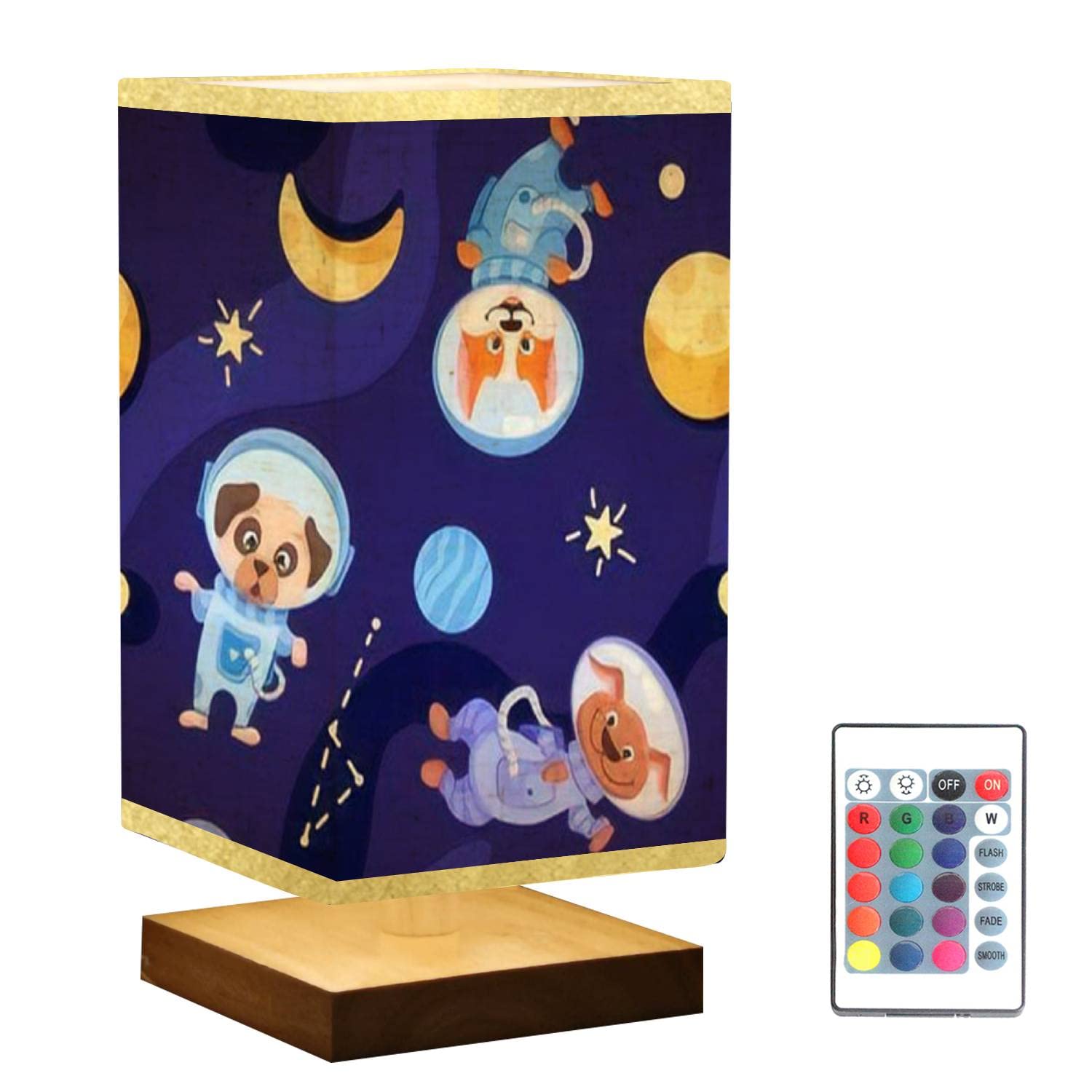 Square Bedside Table Lamp - Dog Astronauts in Space Design with Wooden Base & Flaxen Fabric Shade, Dimmable Nightstand Lamp for Bedroom, Living Room, Nursery | Perfect for Home Decor, Gift Wrapping & Kids' Room Theme