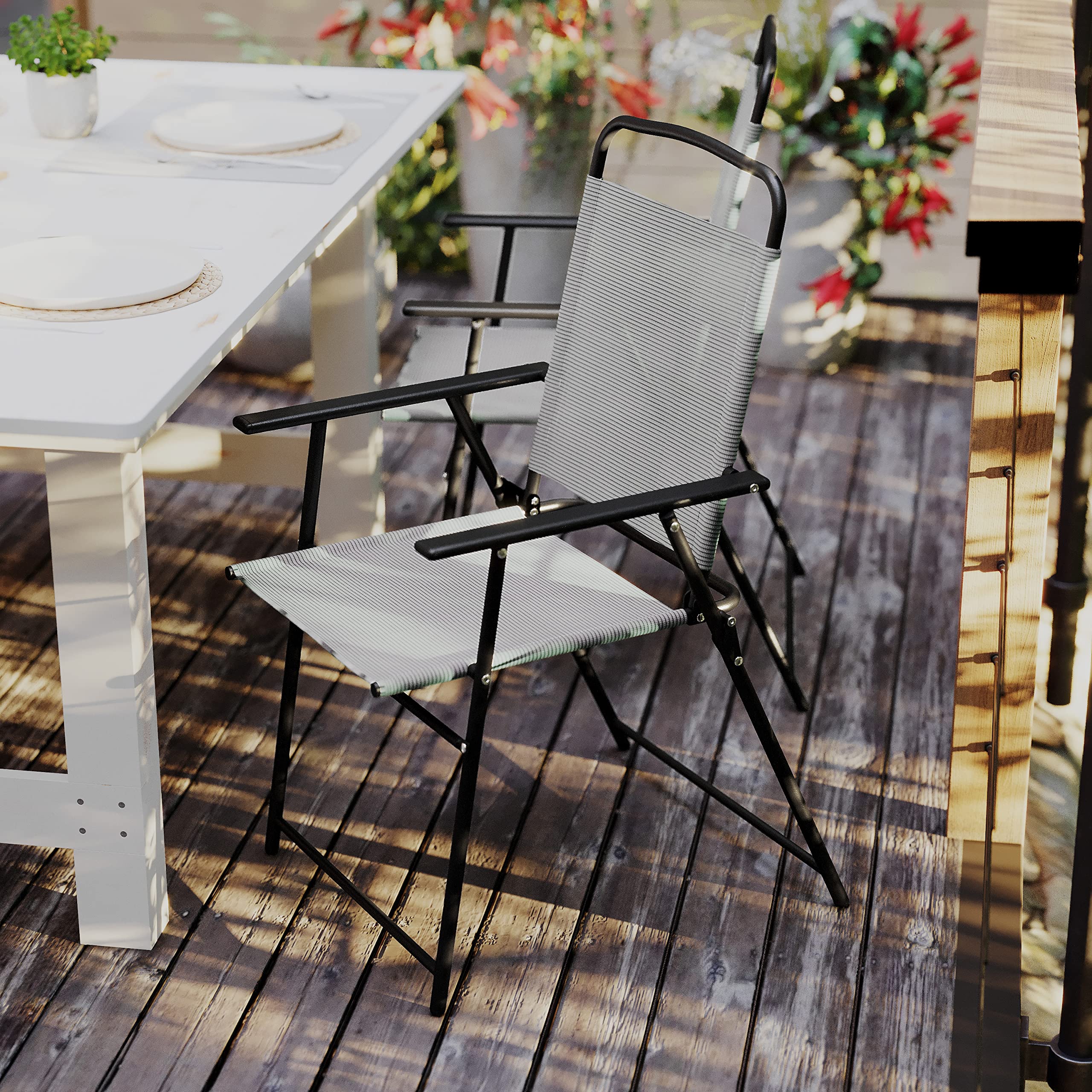 Flash Furniture Mystic Folding Patio Sling Chairs - Set of 4 Gray Textilene Outdoor Lounge Chairs with Armrests | Perfect for Poolside, Backyard, Garden & Patio Relaxation