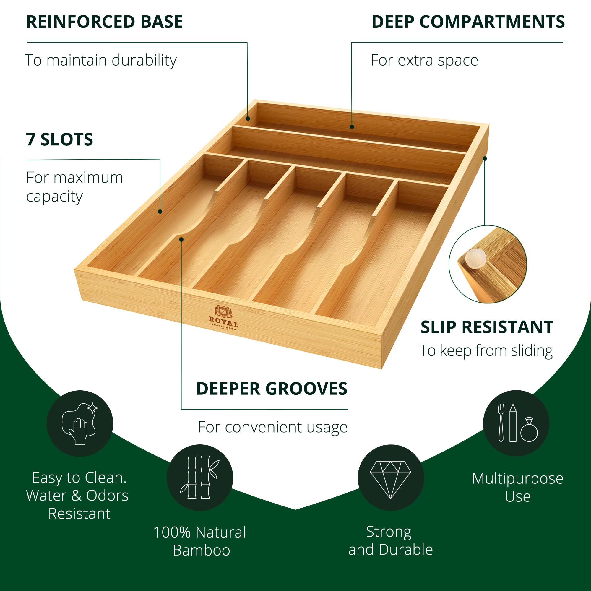 Premium Bamboo Kitchen Drawer Organizer - Silverware & Utensil Holder with Adjustable Dividers | Cutlery Tray for Flatware, Knives, Spoons | Ideal for Home Kitchen Organization & Dining Room Storage
