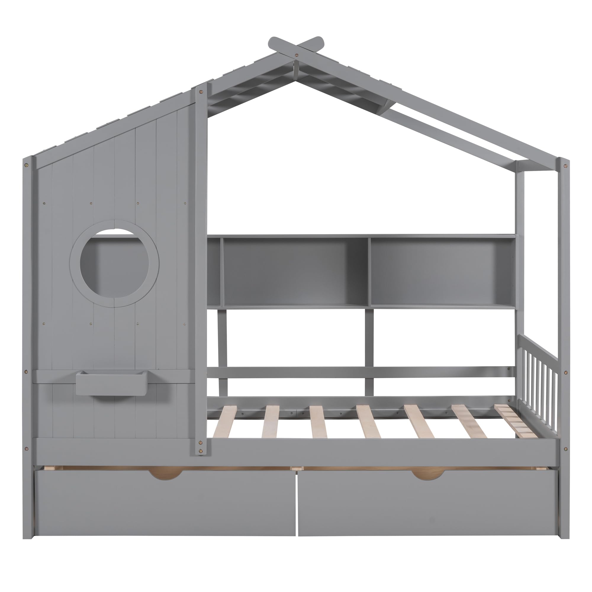 MERITLINE Twin Size Wooden House Bed for Kids with 2 Drawers & Storage Shelf - No Box Spring Needed, Sturdy Slat Support - Perfect for Small Bedrooms, Playrooms & Kids' Sleepovers (Grey)