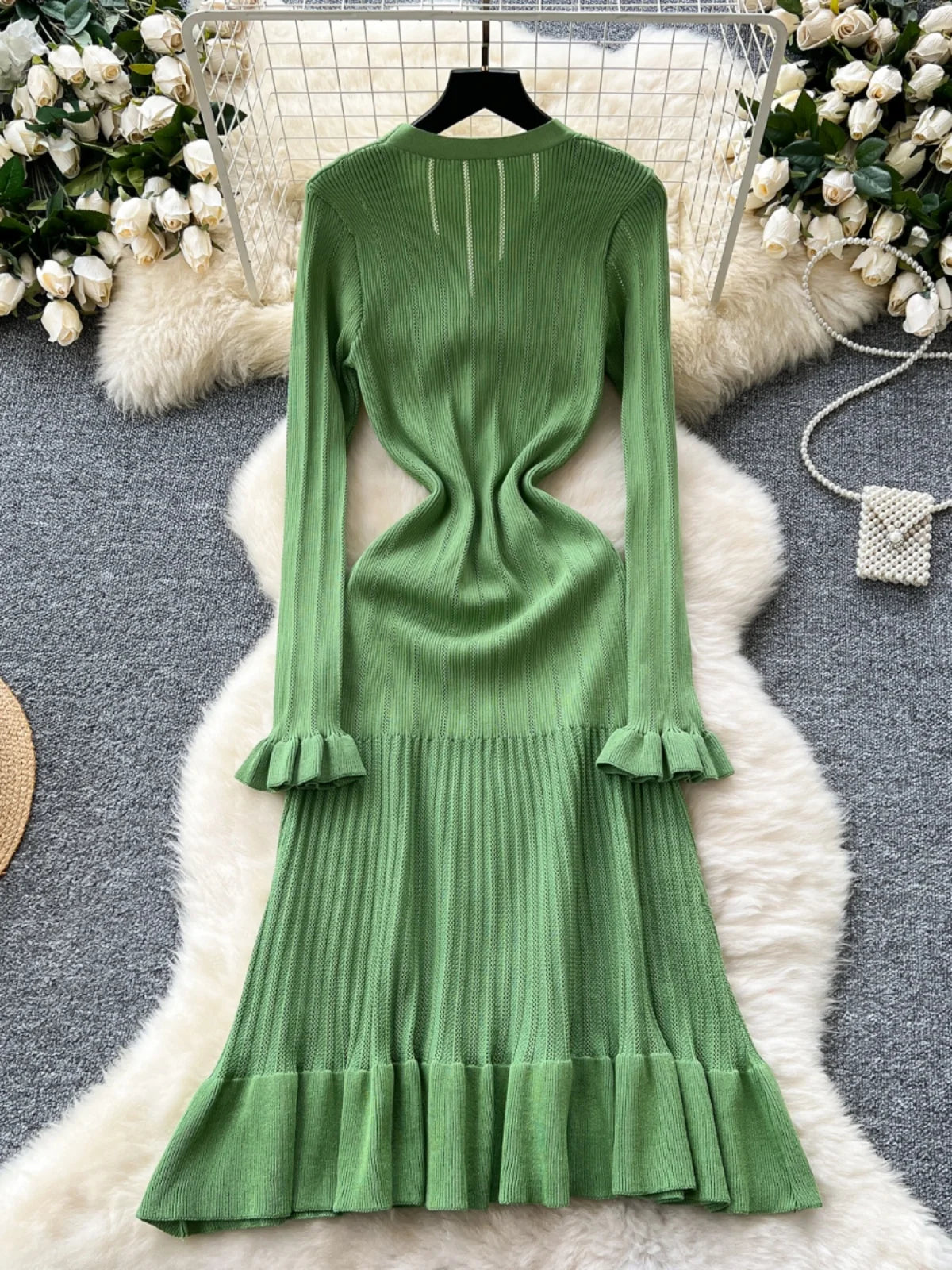 Elegant French Green V-Neck Knitted Dress for Women - Slim Fit Long Sleeve Ruffled Dress with Single Breasted Design | Perfect for Autumn 2024 Fashion, Office Wear, and Special Occasions