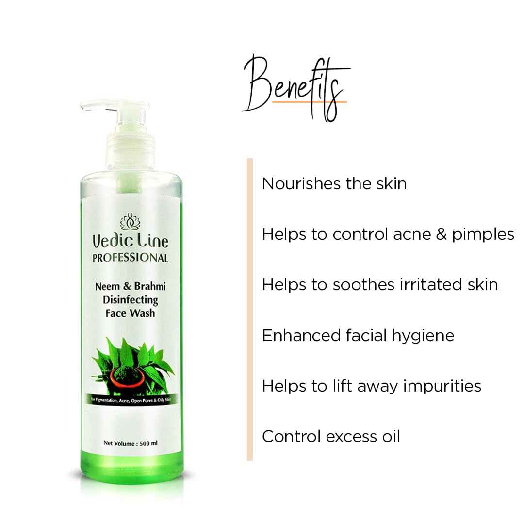 Vedicline Neem & Brahmi Disinfecting Face Wash for Acne, Pigmentation & Oily Skin - Reduces Open Pores & Refreshes Skin - 500ml - Perfect for Daily Cleansing & Post-Workout Skincare Routine