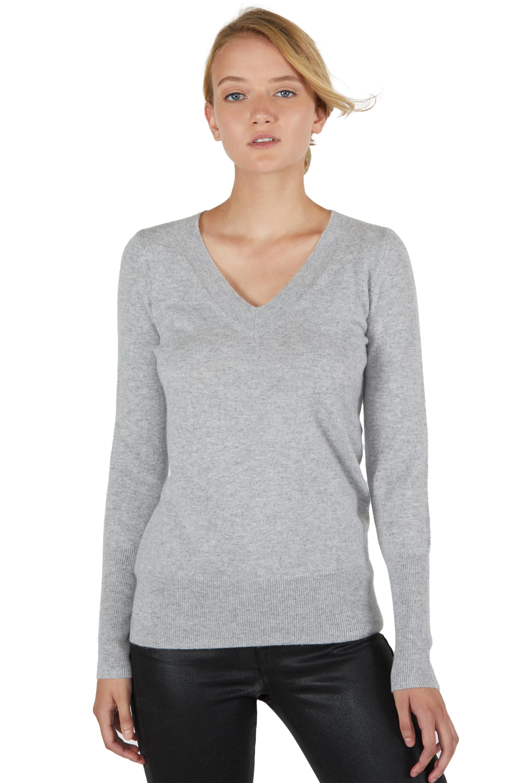 JENNIE LIU Women's 100% Pure Cashmere Long Sleeve V-Neck Sweater - Soft & Warm Pullover for Fall, Winter & Office Wear