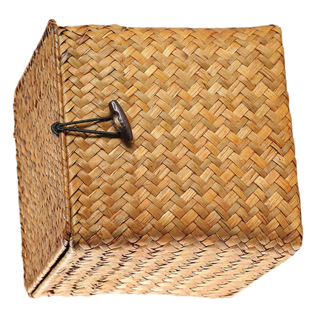UPKOCH 1-Piece Woven Seagrass Storage Box with Lid - Square Braided Tea Organizer Basket for Home Decor, Kitchen & Bathroom (Orange, Medium Size) | Perfect for Tea Storage, Spice Organization & Bathroom Essentials