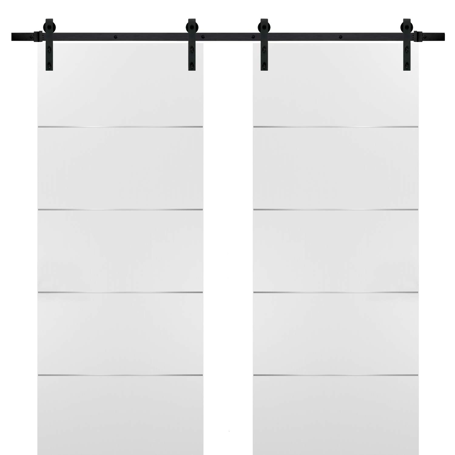 SARTODOORS 60x84 Inch Double Barn Sliding White Doors with Black Hardware - Planum 0020 Matte White Finish - 13 Feet Steel Rail & Hanger Set - Modern Solid Core Closet Doors for Bedroom, Living Room & Office Spaces