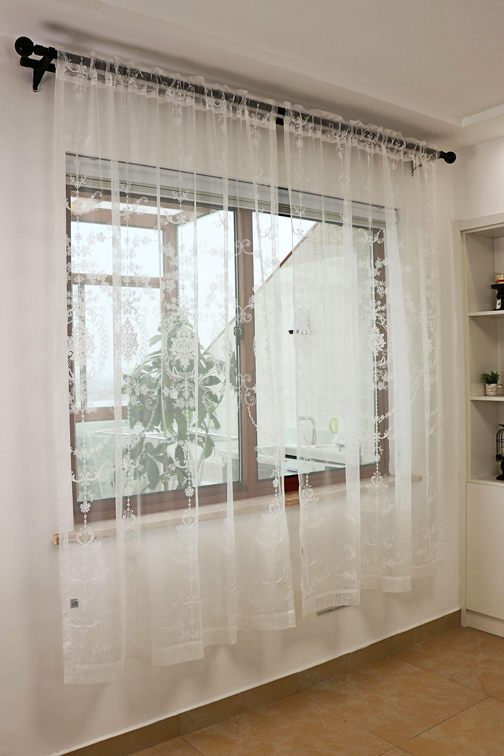 SLOW SOUL 2 Panels White Embroidered Sheer Curtains - European Style Floral Tulle Window Drapes for Living Room & Bedroom, Rod Pocket Design, 54W x 96L Inches - Perfect for Soft Lighting & Romantic Home Decor