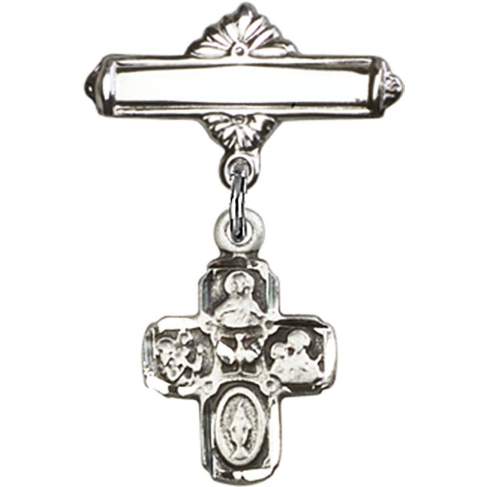 Sterling Silver Baby Badge with 4-Way Charm & Polished Pin - 1 X 5/8 Inch - Perfect for Christening, Baptism, Baby Showers & Keepsake Gifts