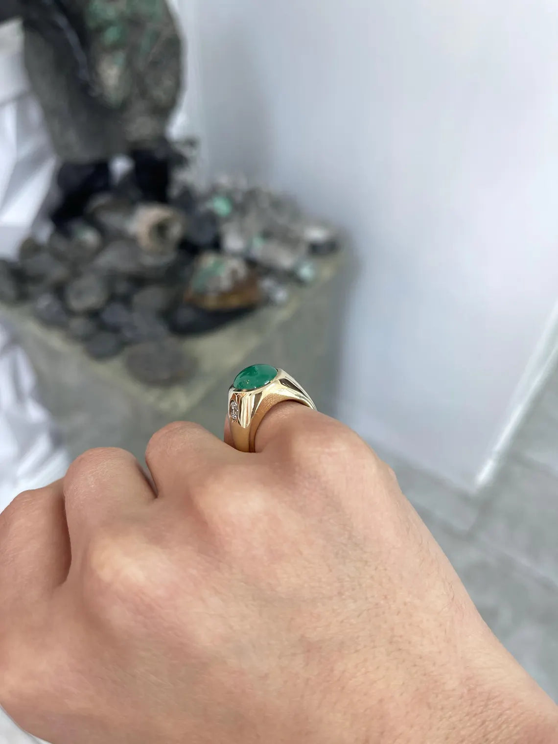6.49 Carat Natural Emerald Cabochon Diamond Accent Three Stone Ring for Women - Elegant Wedding, Engagement & Anniversary Jewelry Gift