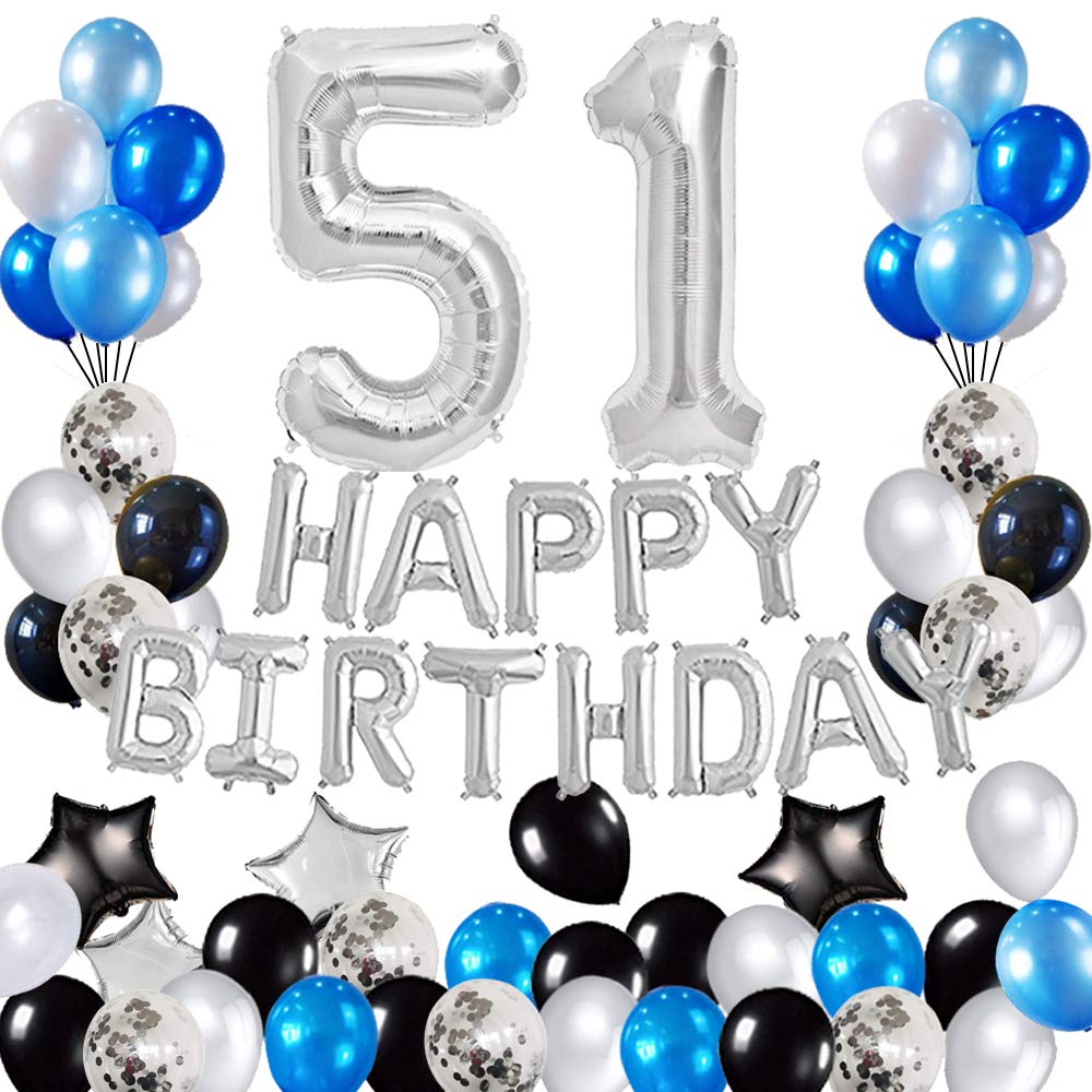 51st Birthday Party Decorations Set - Foil Happy Birthday Banner, Number 51 & Star Balloons, 47pcs Latex Balloons in Silver & Blue for Adult Milestone Celebration Decor
