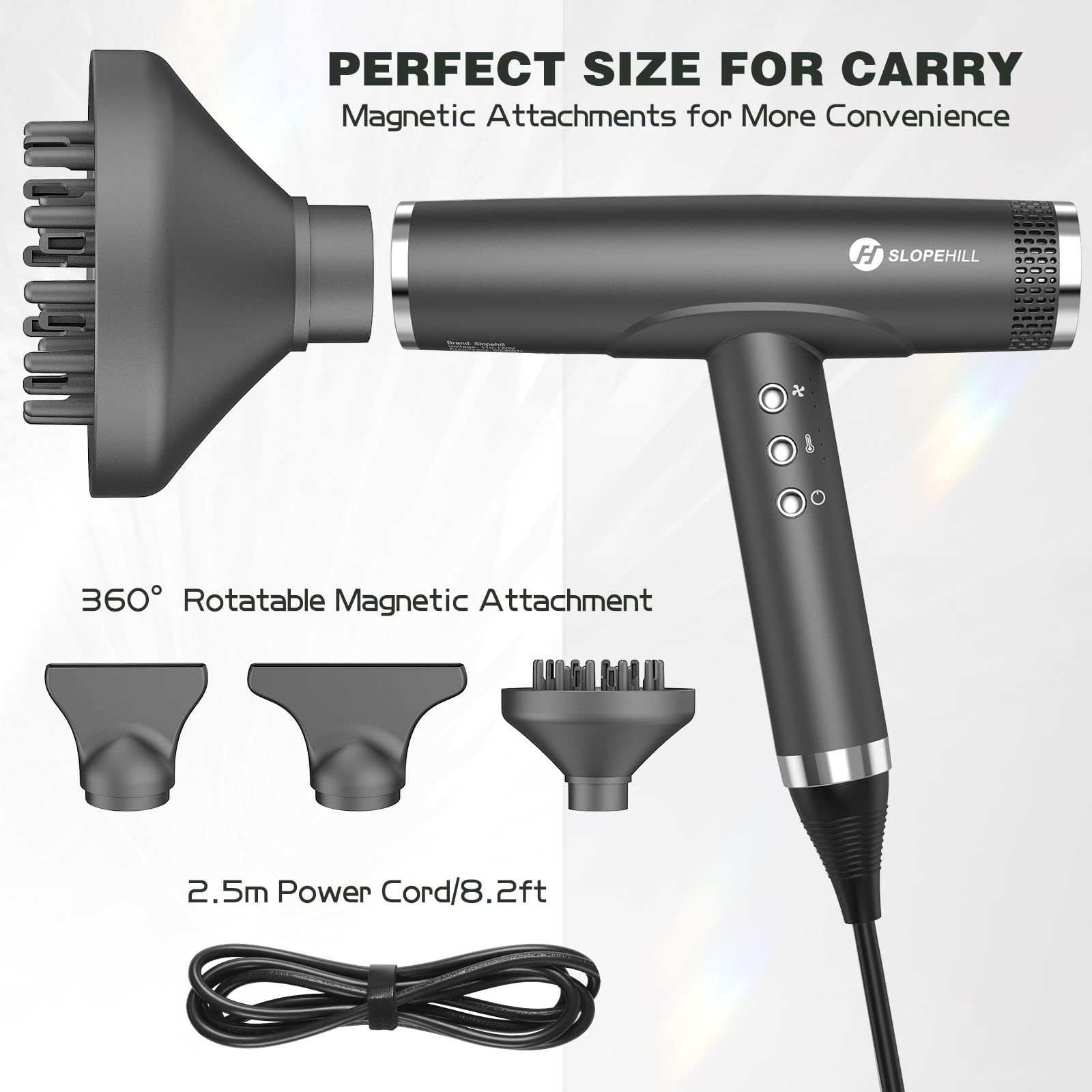 Slopehill Professional Ionic Hair Dryer with Diffuser - Lightweight Compact Salon Blow Dryer with High Speed Brushless Motor - Fast Drying for Women & Men (Ceramic, Dark) - Perfect for Travel, Home & Salon Use